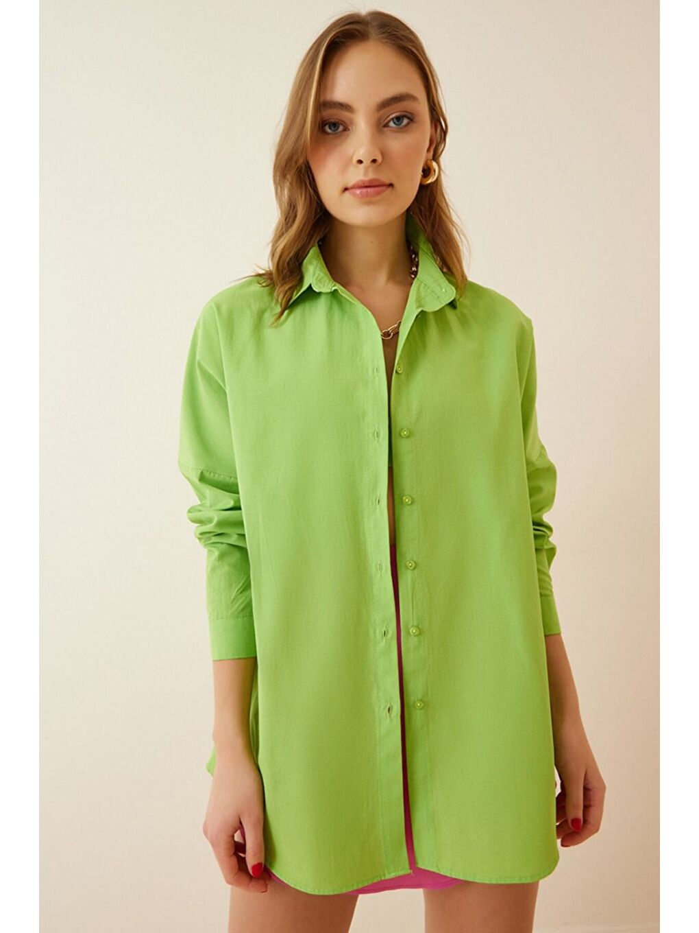 Kadın Oversize Uzun Kollu Basic Yazlık A.Yeşil Gömlek-2