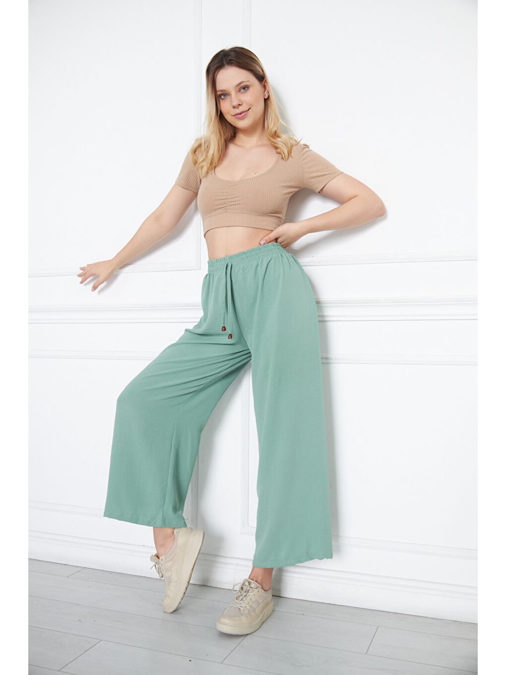 Turkuaz Kadın Aerobin Geniş Paça Palazzo Bel Lastikli Pantolon-6