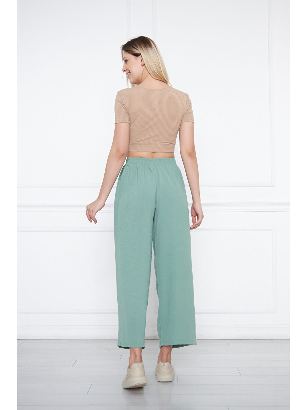 Turkuaz Kadın Aerobin Geniş Paça Palazzo Bel Lastikli Pantolon-7