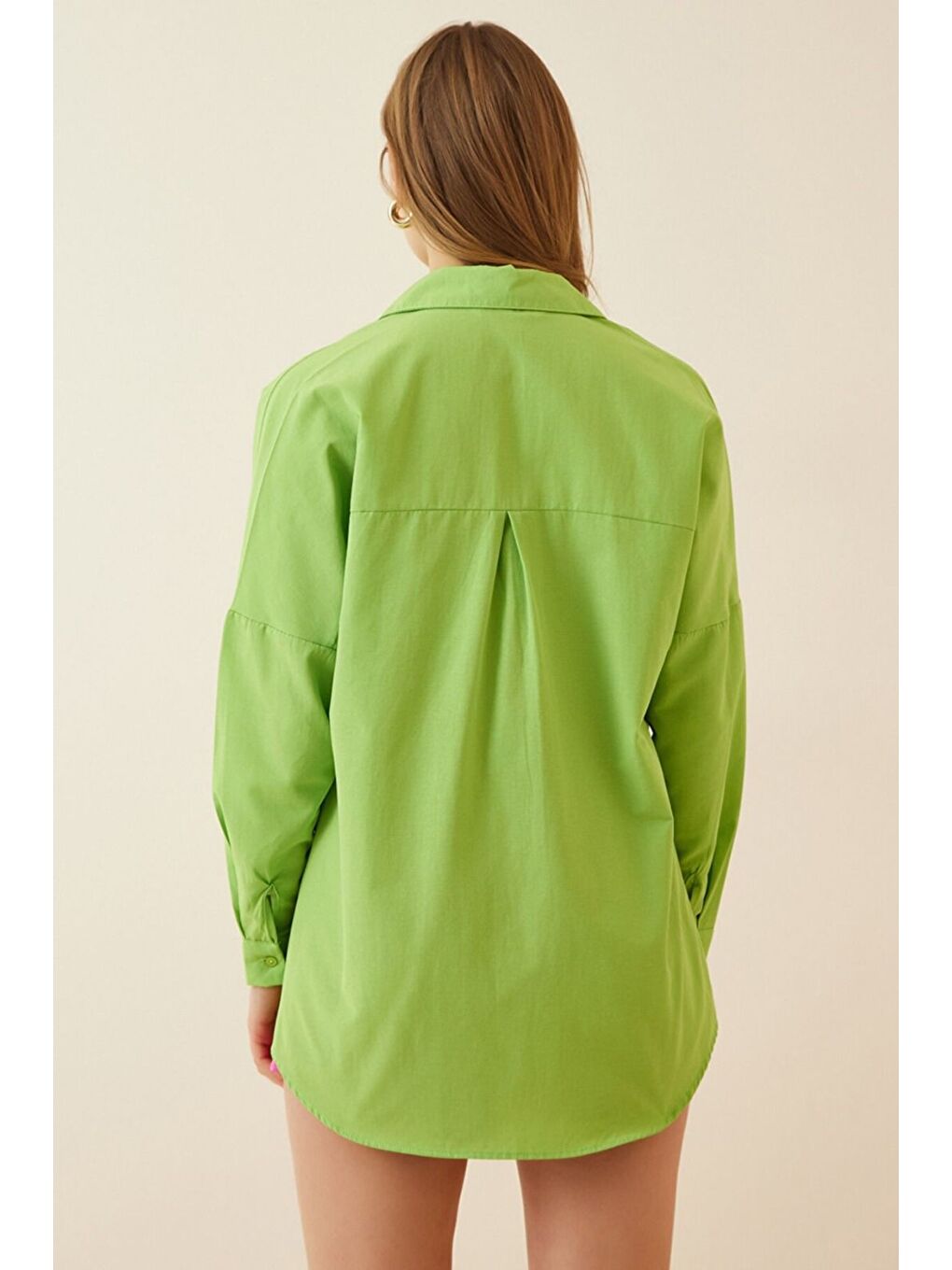 Kadın Oversize Uzun Kollu Basic Yazlık A.Yeşil Gömlek-3