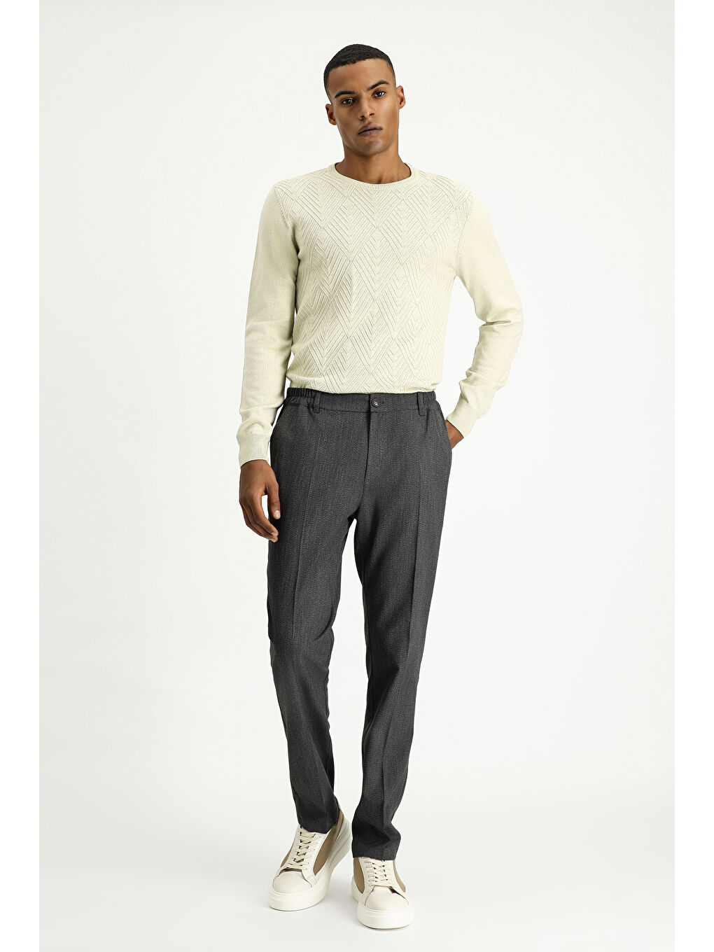 Antrasit Super Slim Fit Ekstra Dar Kesim Beli Lastikli Elastanlı Klasik Kumaş Pantolon-1