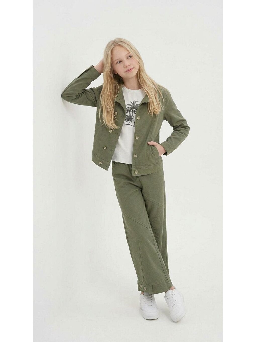 Haki Çift Düğme Detay Gömlekli Pantolonlu Kız Çocuk Gabardin Takım 23754