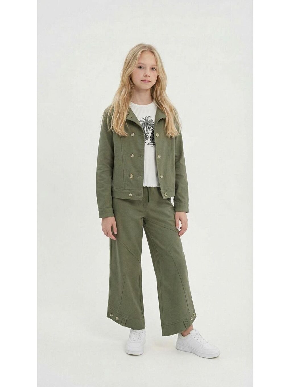Haki Çift Düğme Detay Gömlekli Pantolonlu Kız Çocuk Gabardin Takım 23754-1