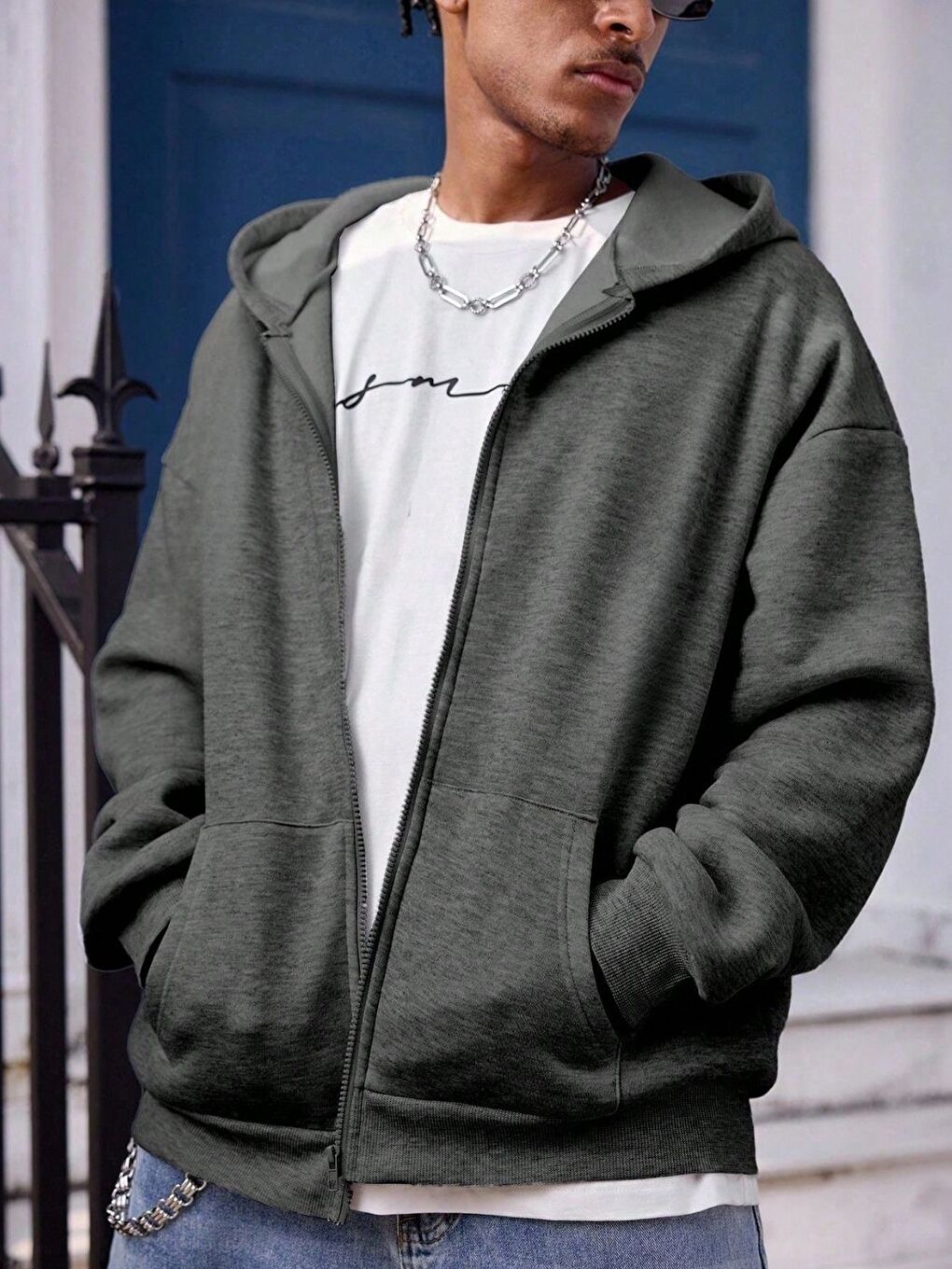 Gri Erkek Füme Uzun Kollu Fermuarlı Hırka