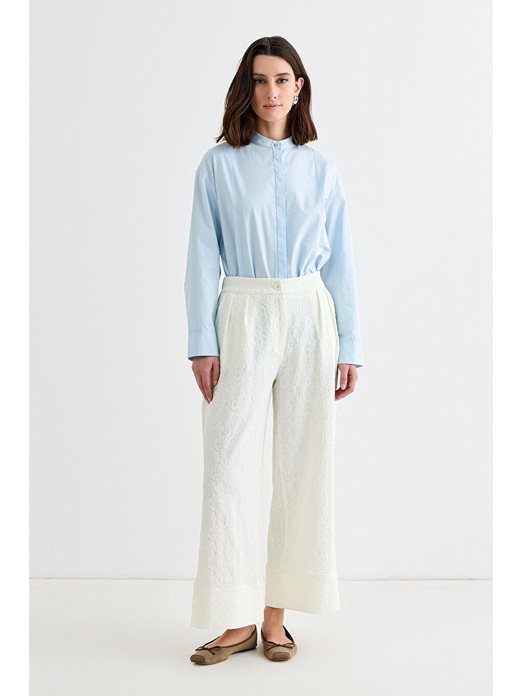 Dokulu Culotte Pantolon Ekru-1