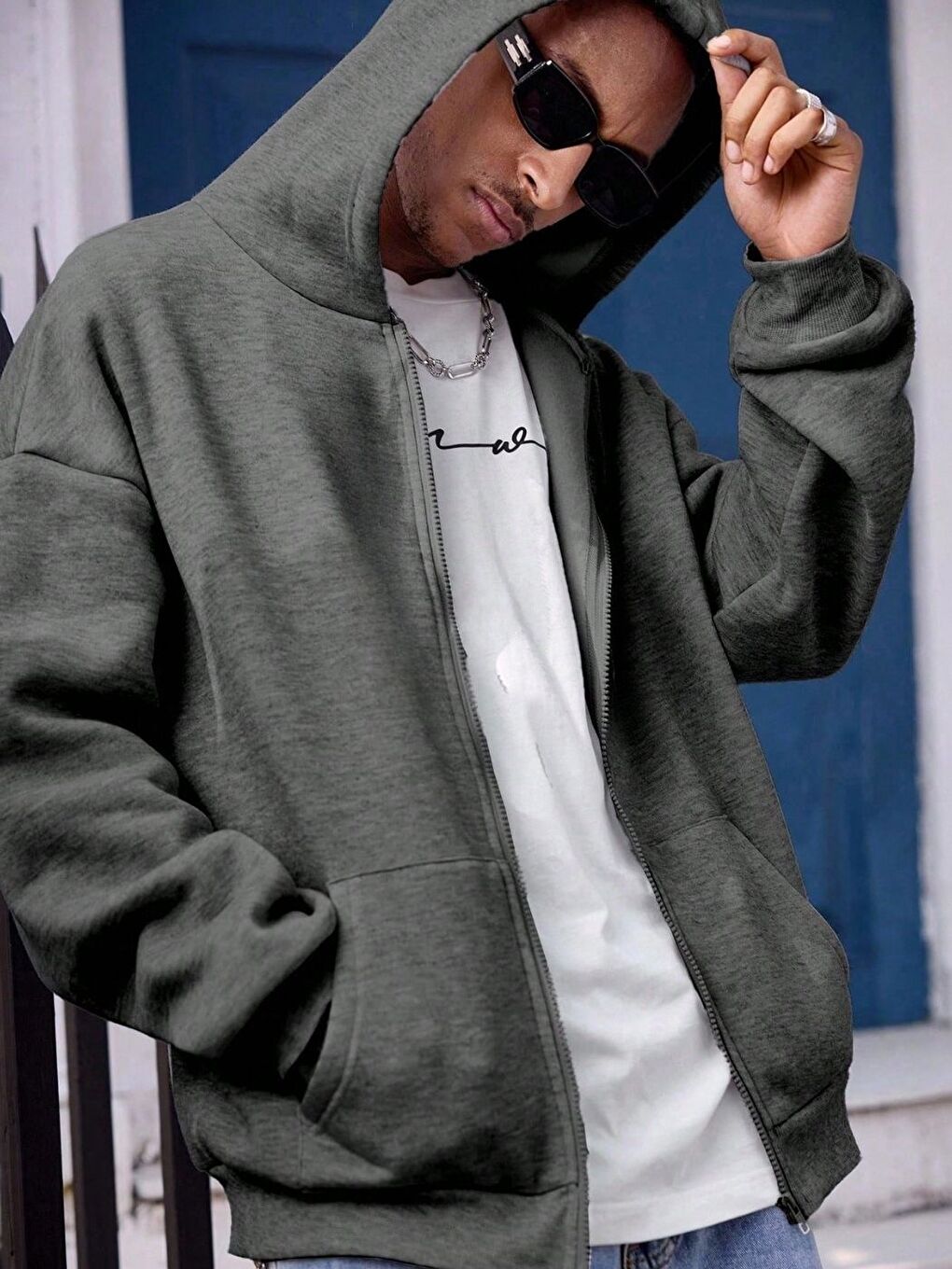 Gri Erkek Füme Uzun Kollu Fermuarlı Hırka-2