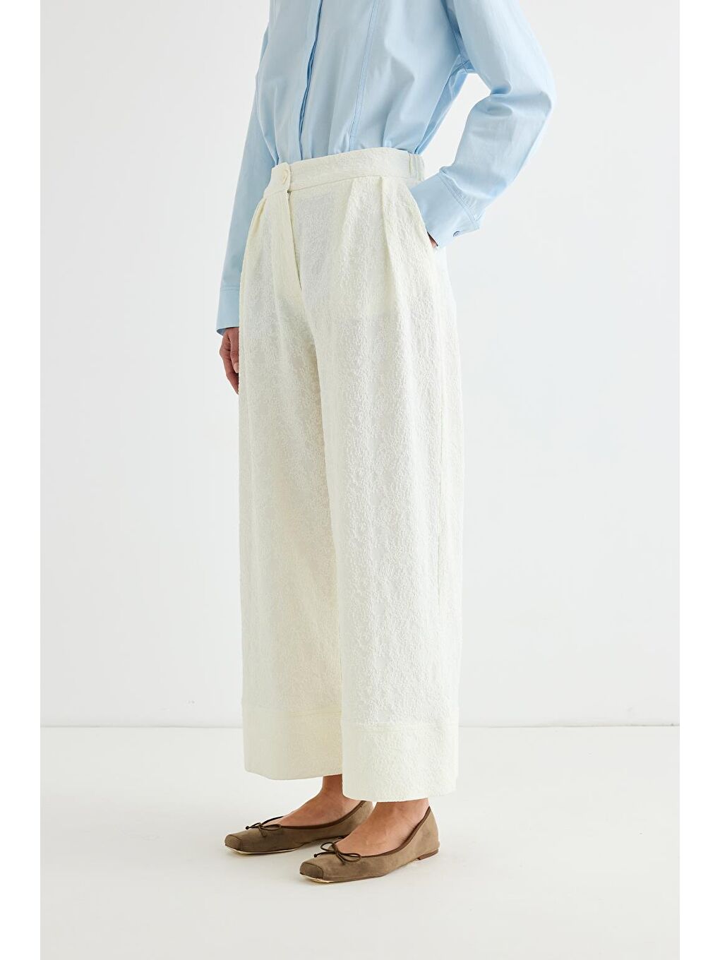 Dokulu Culotte Pantolon Ekru-3