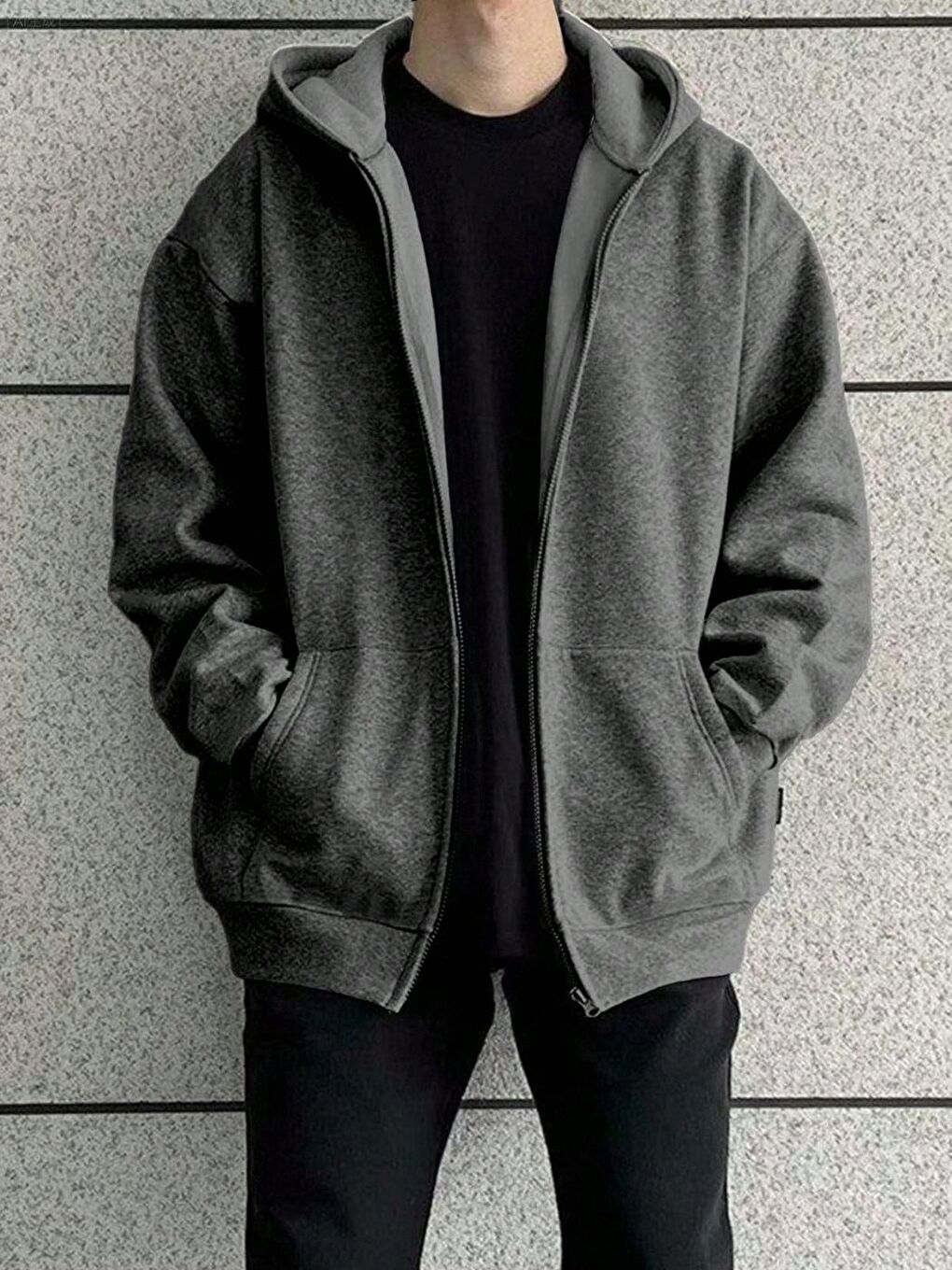 Gri Erkek Füme Uzun Kollu Fermuarlı Hırka-3