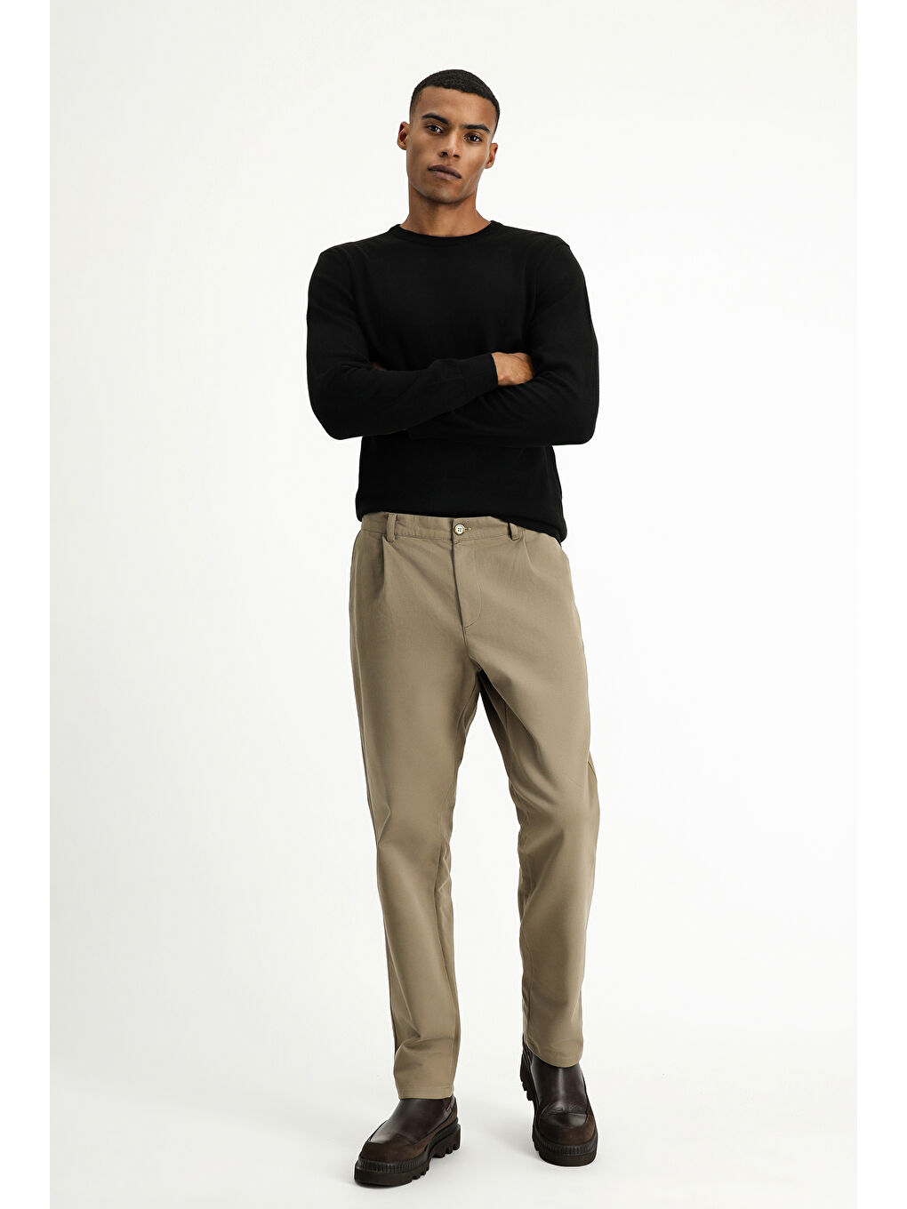 Bej Regular Fit Elastanlı Pileli Kanvas / Chino Pantolon