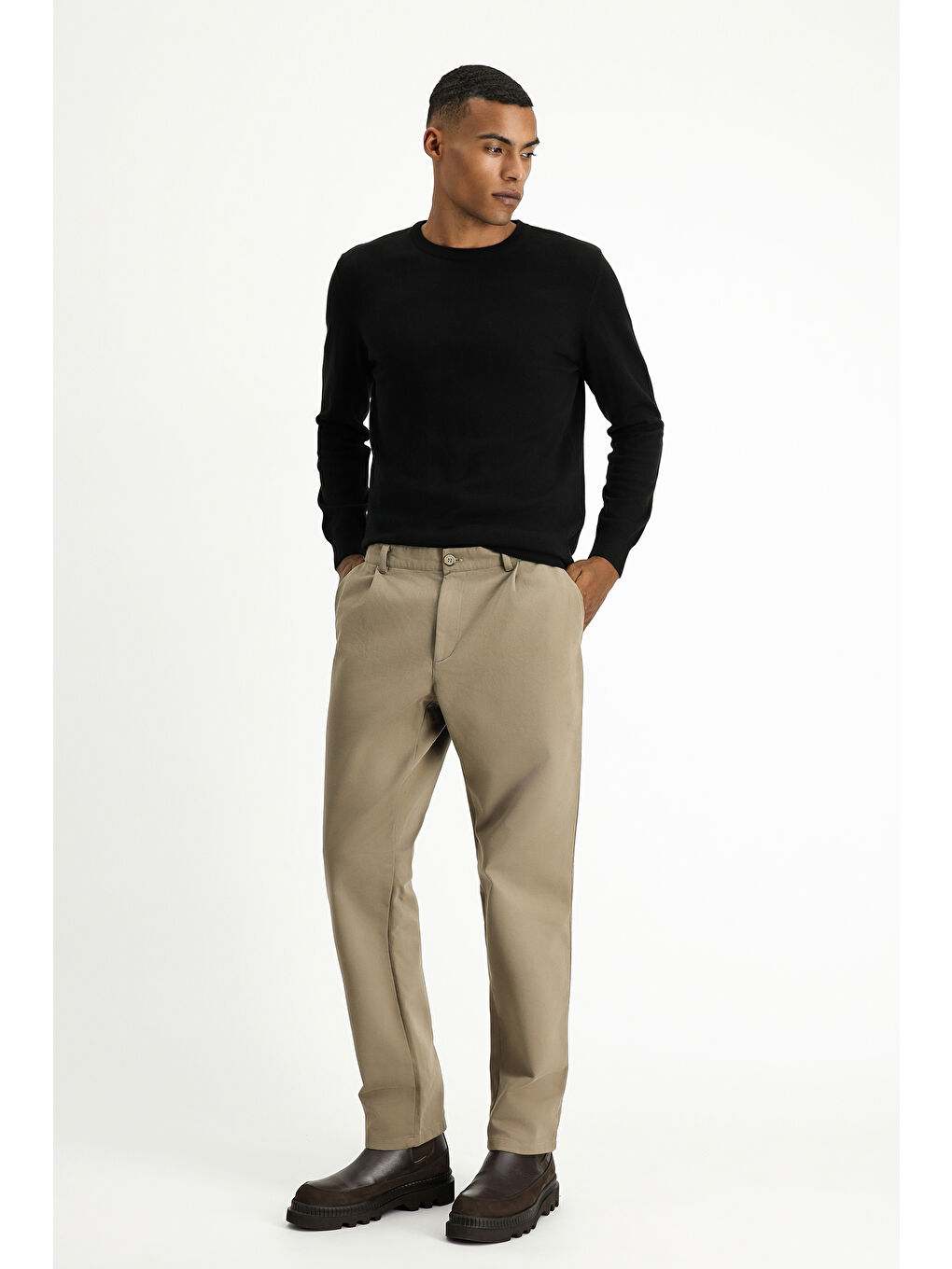 Bej Regular Fit Elastanlı Pileli Kanvas / Chino Pantolon-1