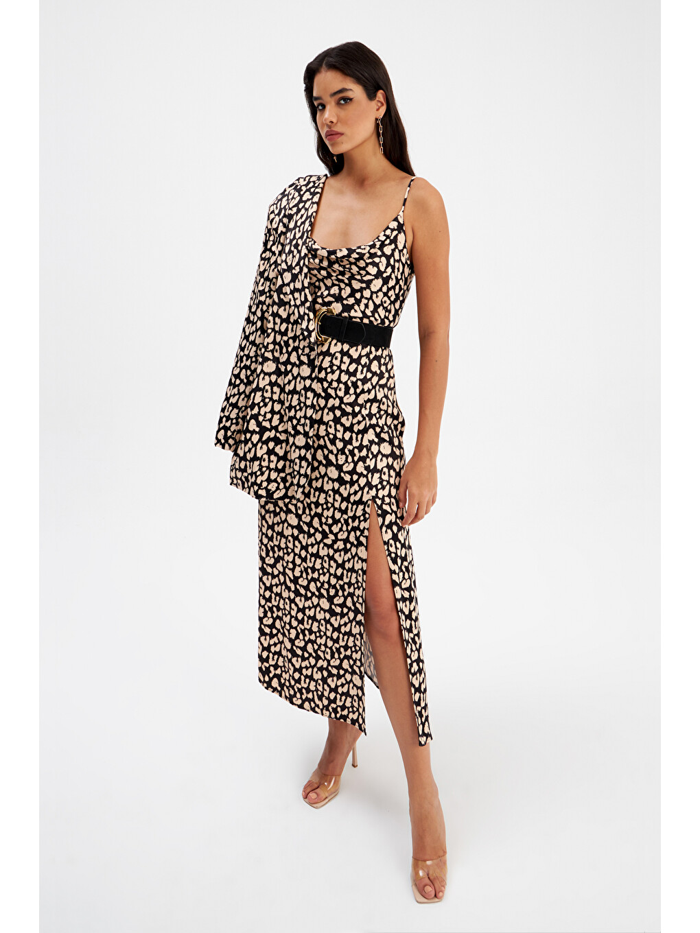 Leopar Desenli Saten Elbise - Siyah