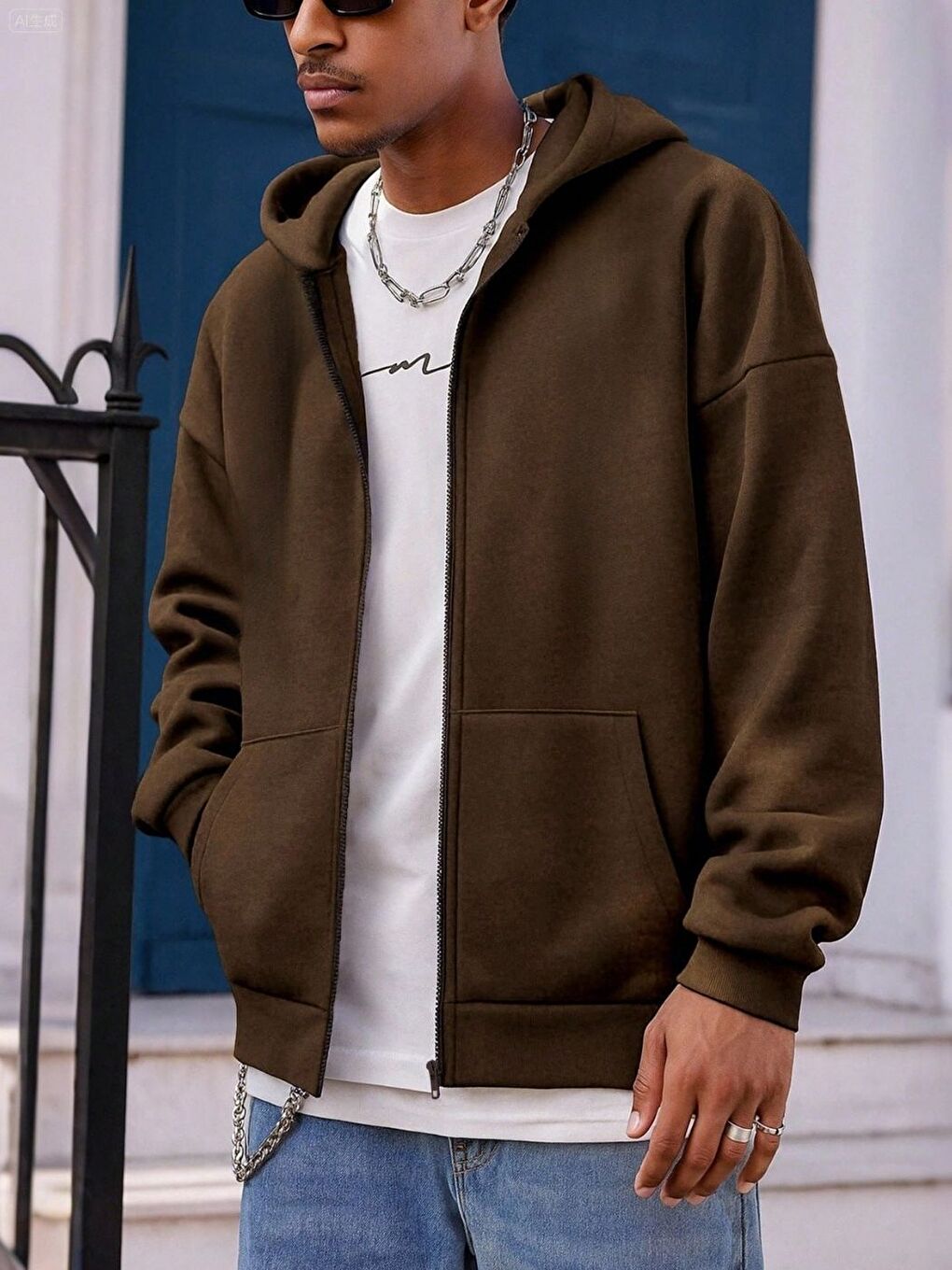 Erkek Kahverengi Uzun Kollu Fermuarlı Hırka