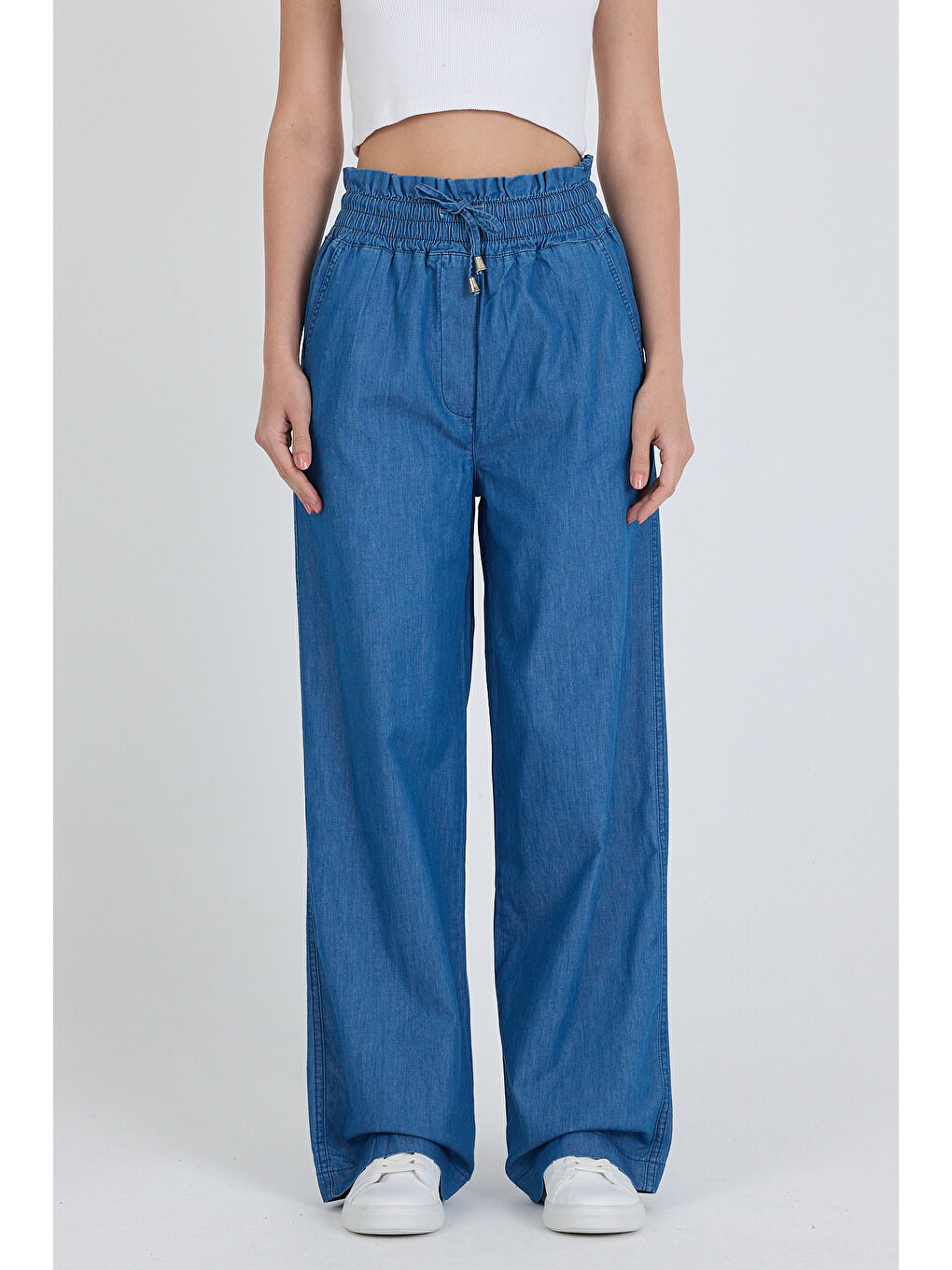 Mavi Beli Lastikli Bol Paça Cepli %100 Pamuk  Kadın Jean  Pantolon 5031-1