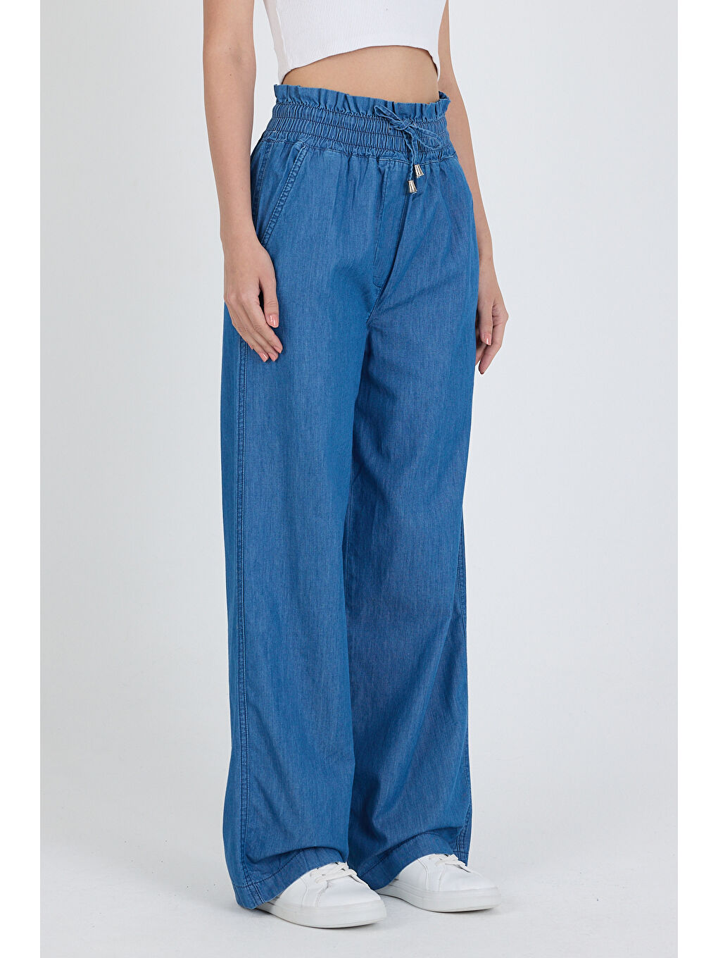 Mavi Beli Lastikli Bol Paça Cepli %100 Pamuk  Kadın Jean  Pantolon 5031-3