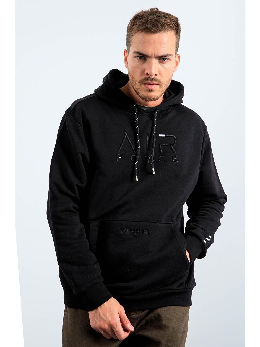 Siyah Yazı Nakışlı Standart Kalıp Kapüşonlu Erkek Sweatshirt - 87838