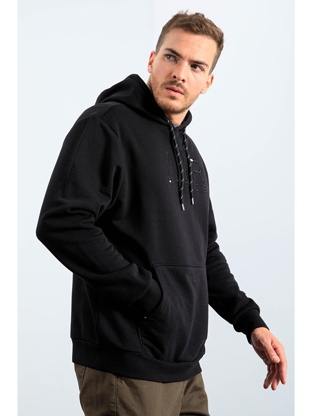 Siyah Yazı Nakışlı Standart Kalıp Kapüşonlu Erkek Sweatshirt - 87838-2