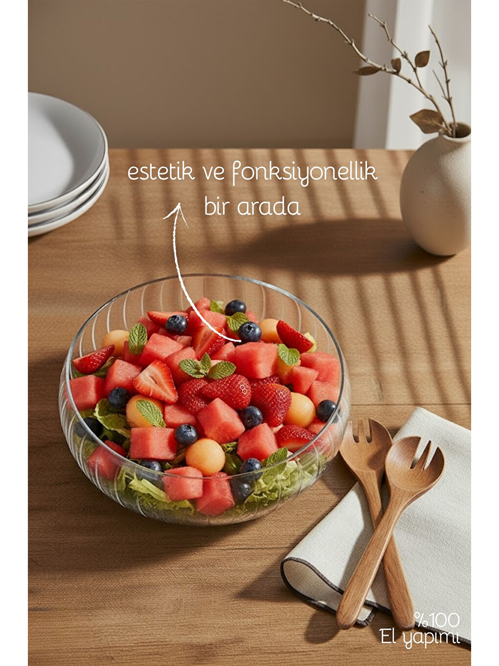 Renksiz 2'li Set Büyük Boy Cam Salata Kasesi - İskandinav Tarz Kase - Şeffaf Kase-4