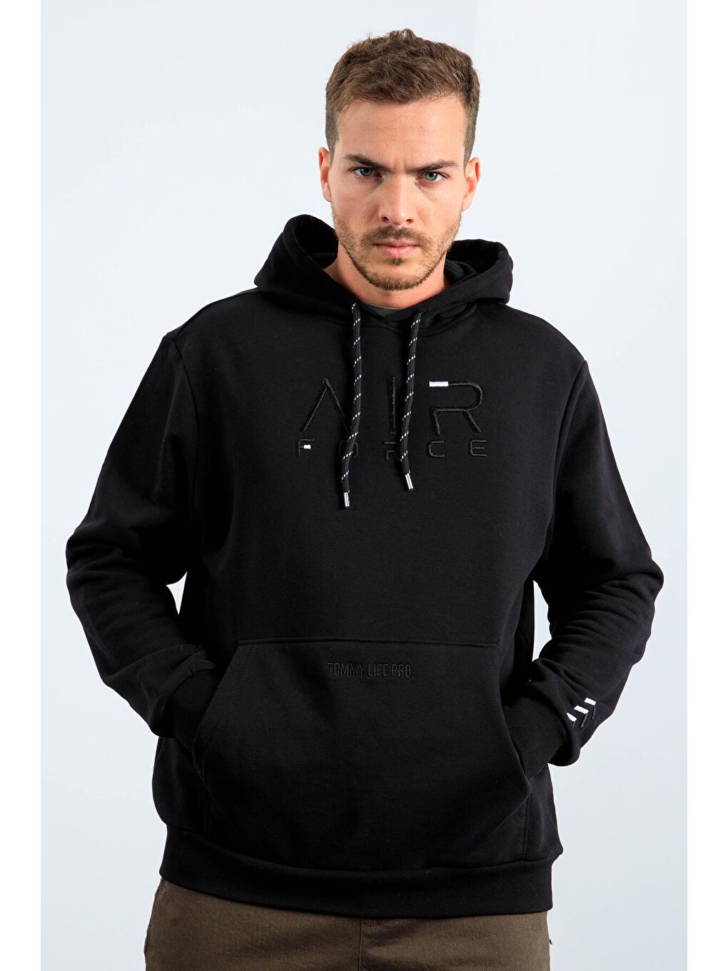 Siyah Yazı Nakışlı Standart Kalıp Kapüşonlu Erkek Sweatshirt - 87838-4