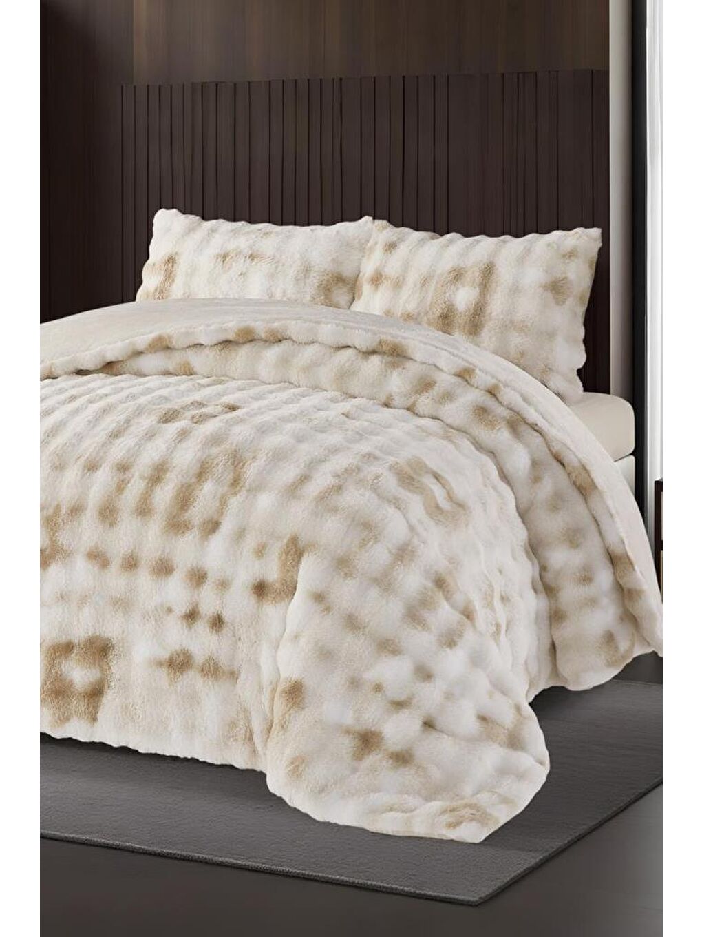 Ekru Alvina Dama Tavşan Tüyü Çift Kişilik Yatak Örtüsü 220x240 Cm Krem