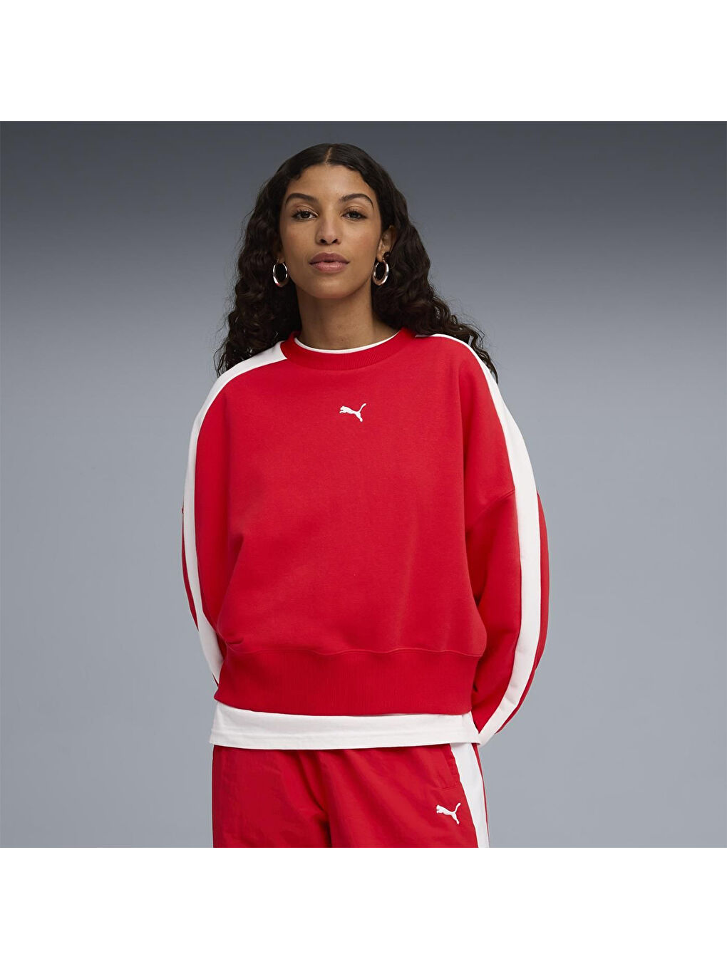 T7 Over Oversized Crew Kadın Kırmızı Bisiklet Yaka Sweatshirt