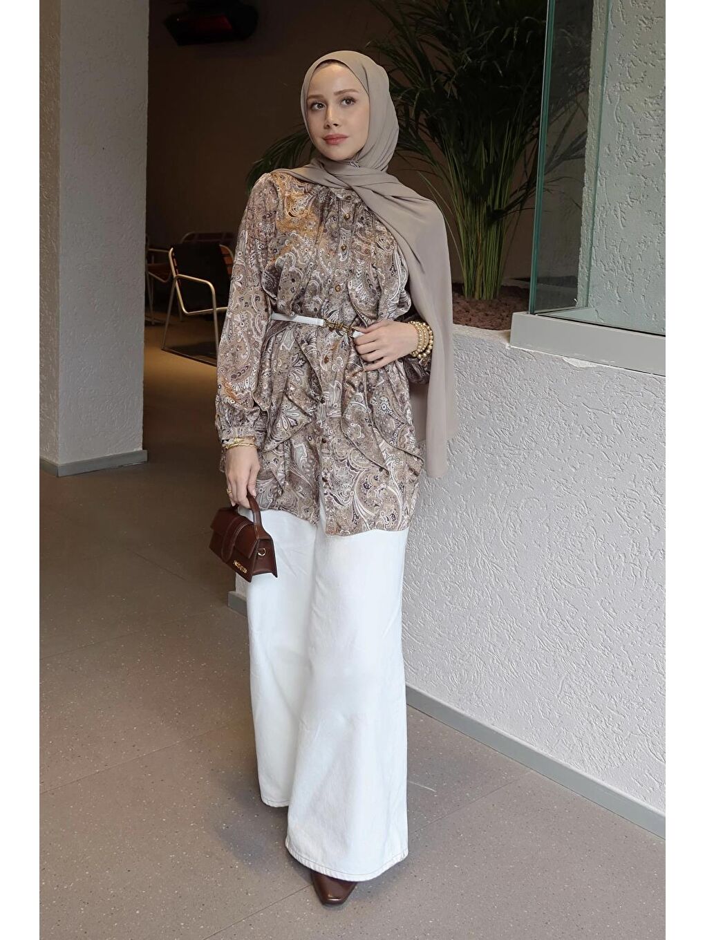 Dökümlü Bol Jean Pantolon Ekru-1