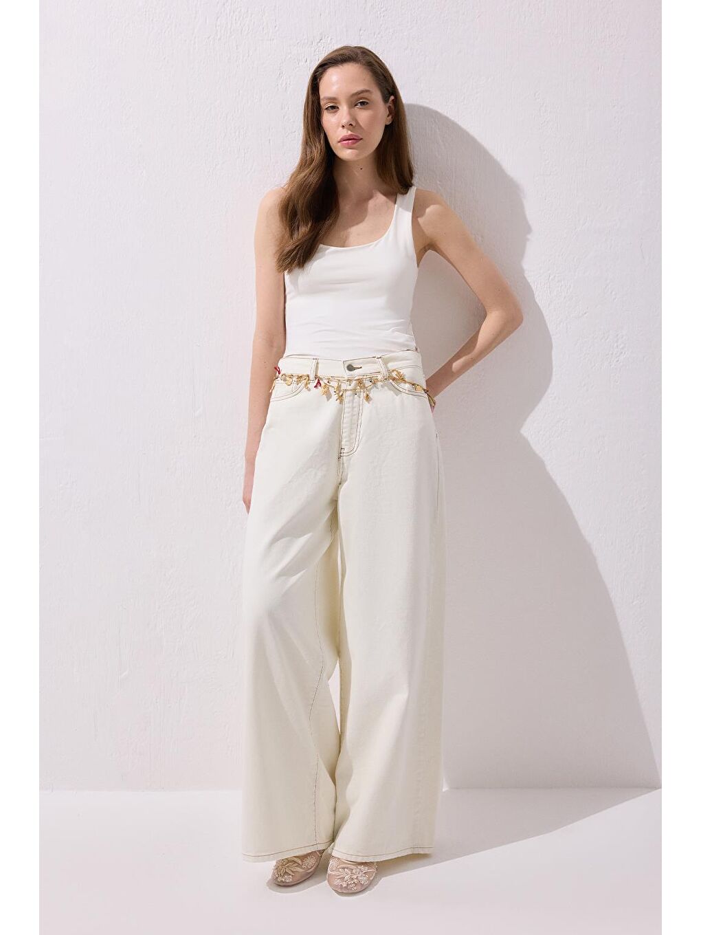 Dökümlü Bol Jean Pantolon Ekru-2
