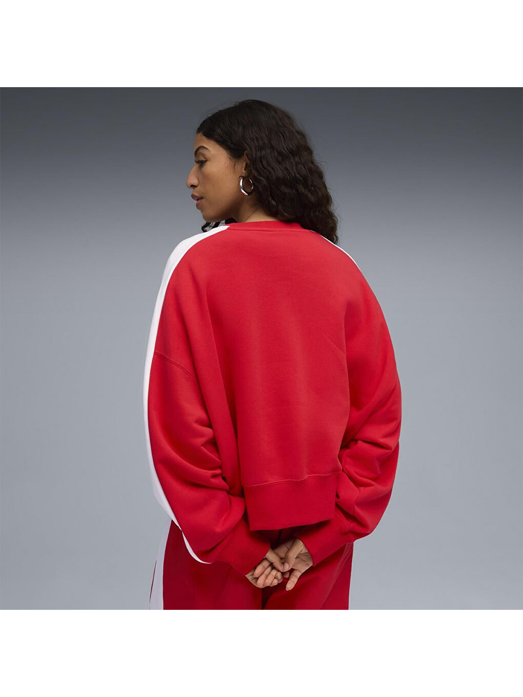 T7 Over Oversized Crew Kadın Kırmızı Bisiklet Yaka Sweatshirt-1