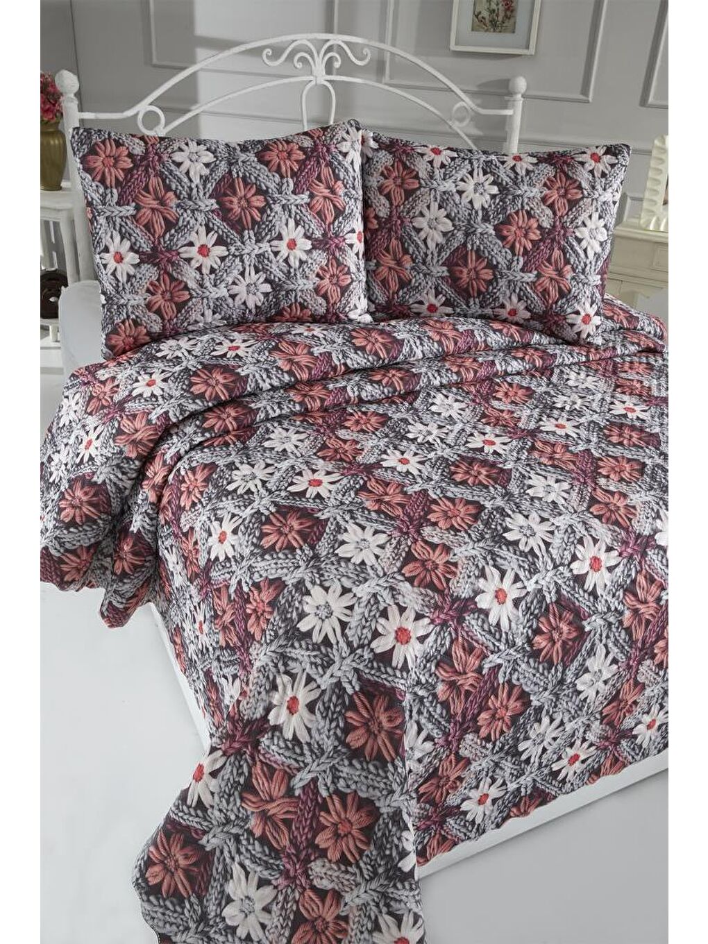 Karışık Alvera Ultrasonik Kapitoneli 5D Baskılı Çift Kişilik Yatak Örtüsü-1