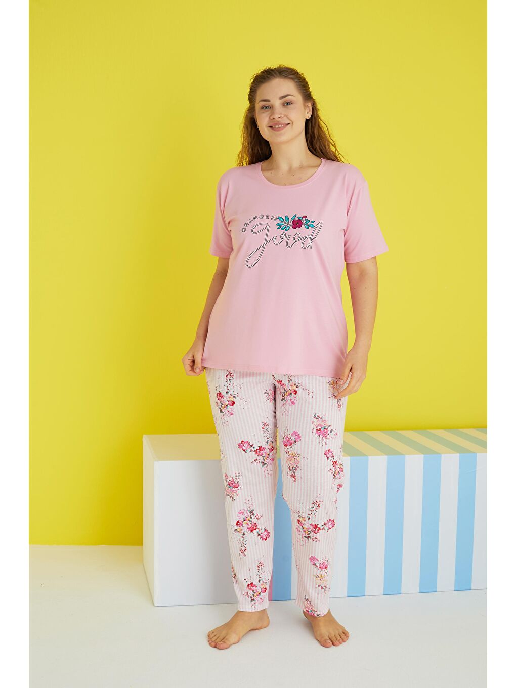 SİYAH İNCİ Pembe Curve Büyük Beden Battal Boy Örme Pijama Takımı