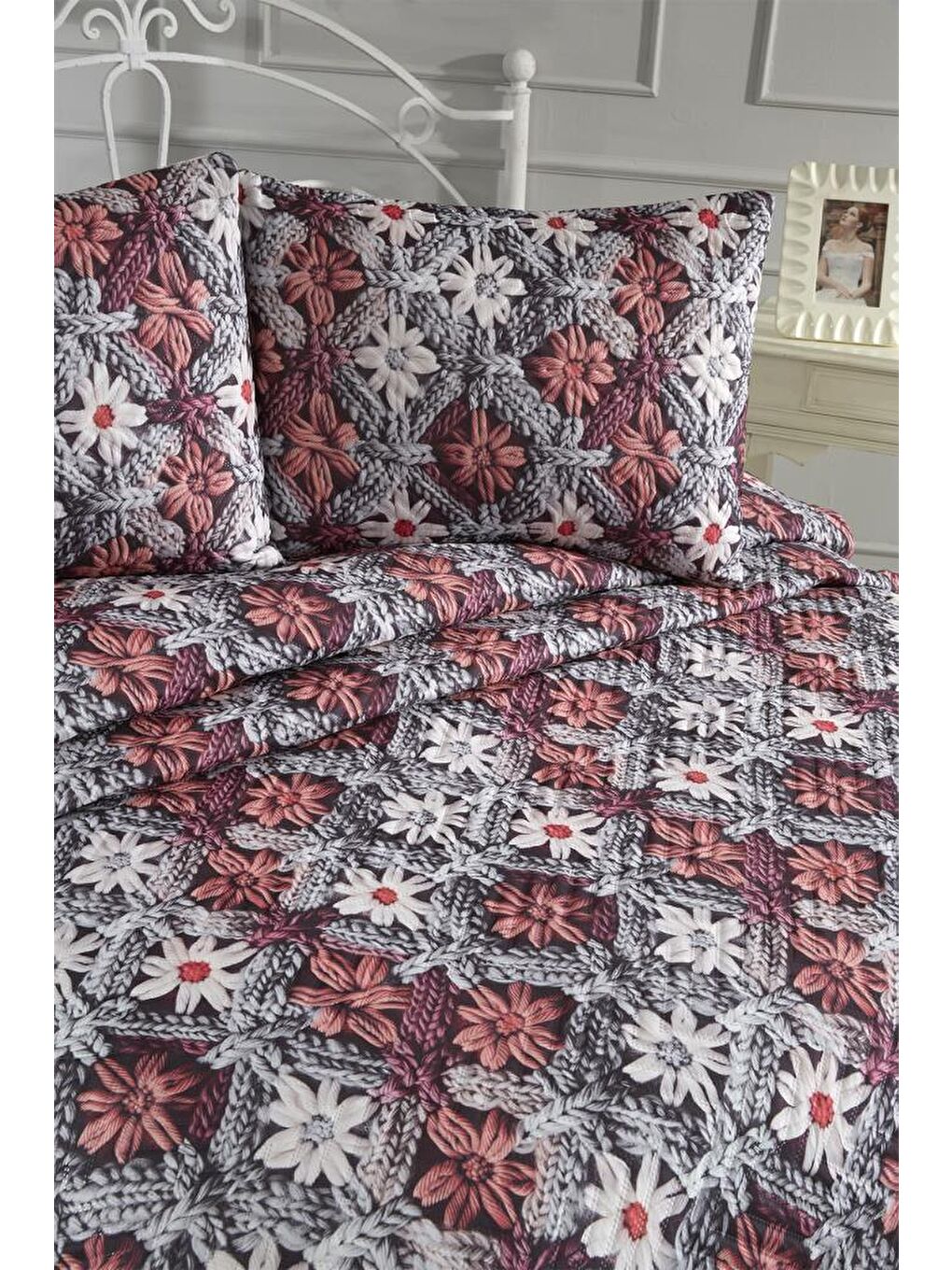 Karışık Alvera Ultrasonik Kapitoneli 5D Baskılı Çift Kişilik Yatak Örtüsü-2