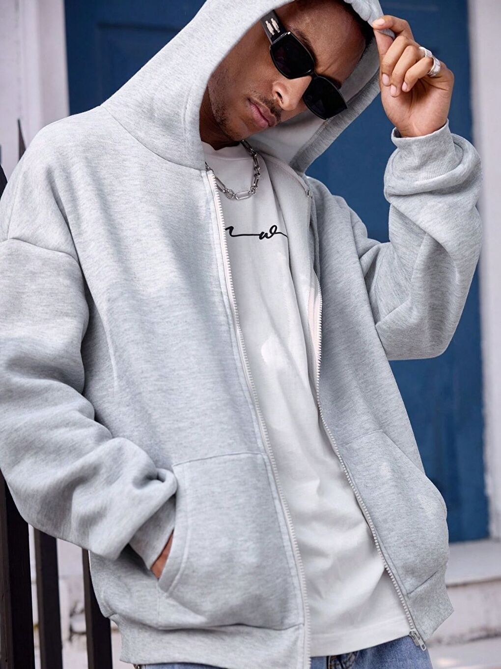 Erkek Gri Uzun Kollu Fermuarlı Hırka