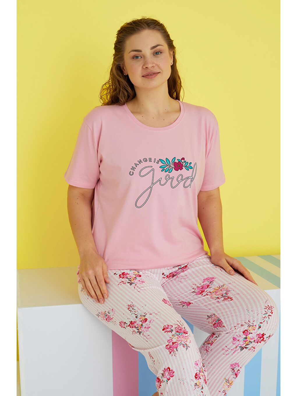 SİYAH İNCİ Pembe Curve Büyük Beden Battal Boy Örme Pijama Takımı - 1