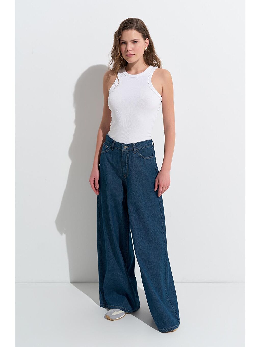 Dökümlü Bol Jean Pantolon Koyu Mavi