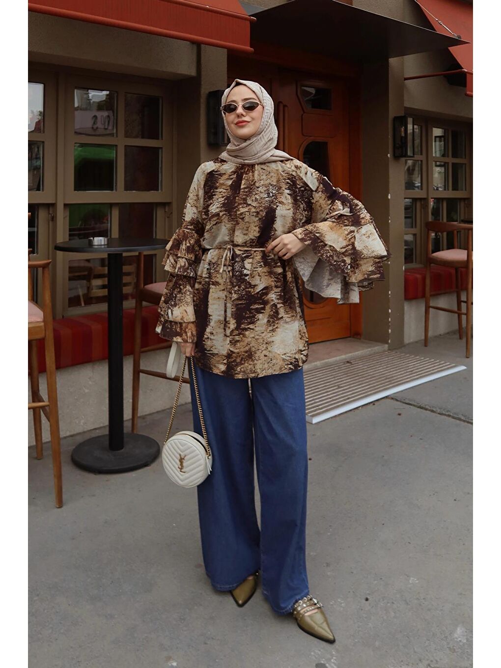 Dökümlü Bol Jean Pantolon Koyu Mavi-1