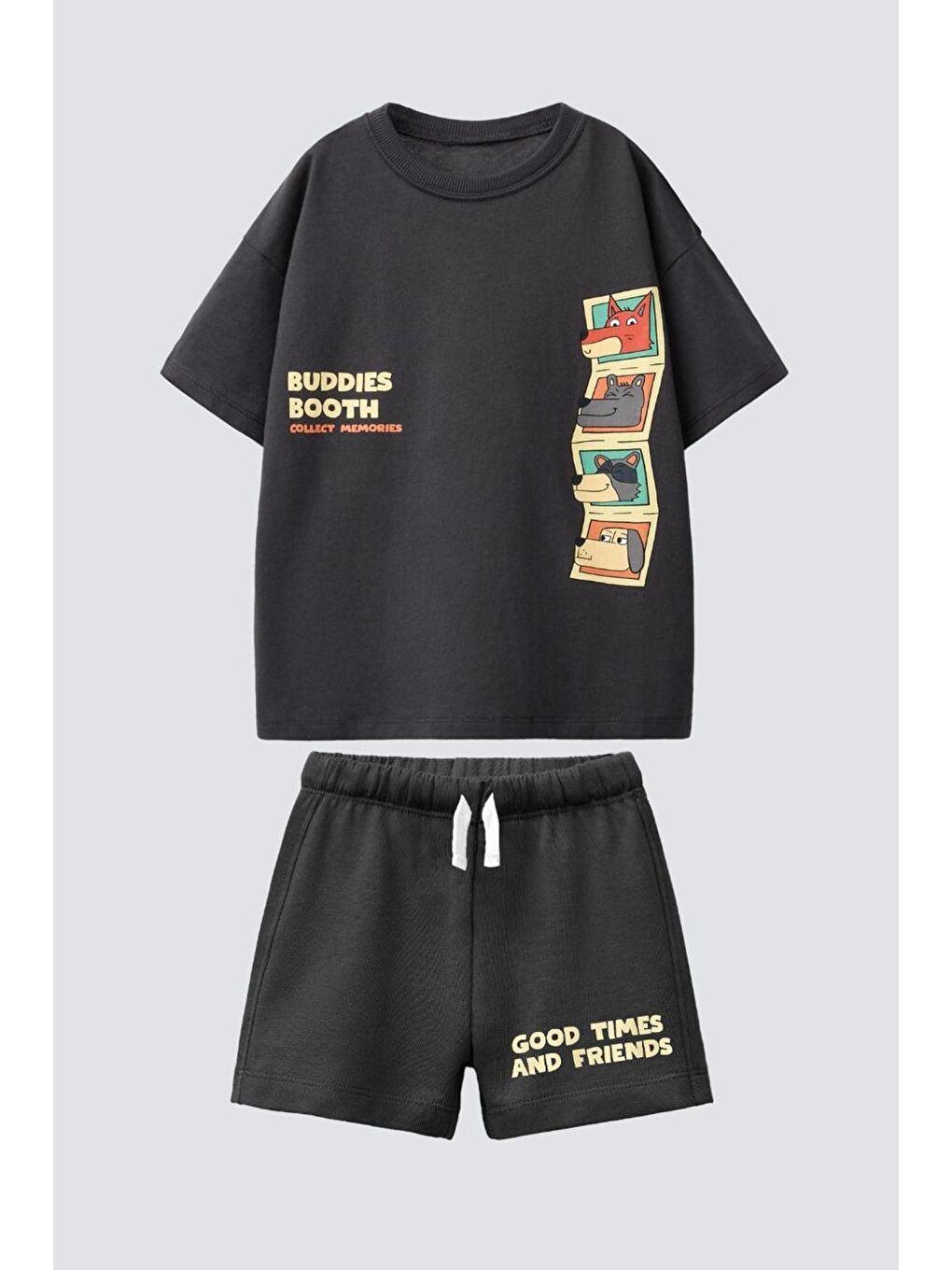 Erkek Çocuk Pamuklu Antrasit Köpek Baskılı T-Shirt Ve Şort Takım-1