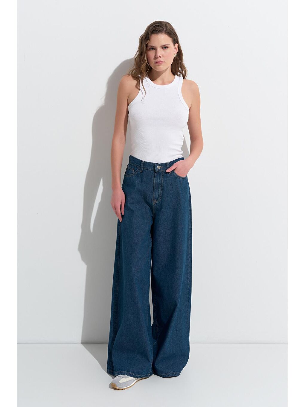 Dökümlü Bol Jean Pantolon Koyu Mavi-2