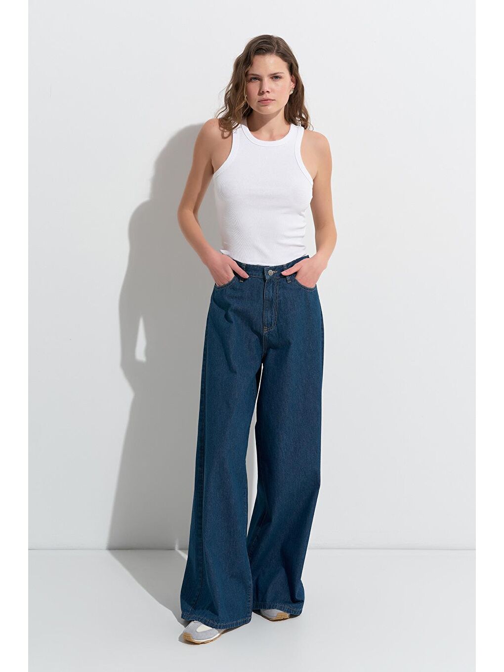 Dökümlü Bol Jean Pantolon Koyu Mavi-3