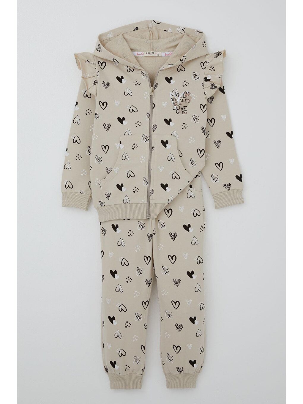 Kız Bebek Eşofman Takımı Kalp Desenli Omuzu Fırfır Detaylı Kapüşonlu Bej (9 Ay-3 Yaş)