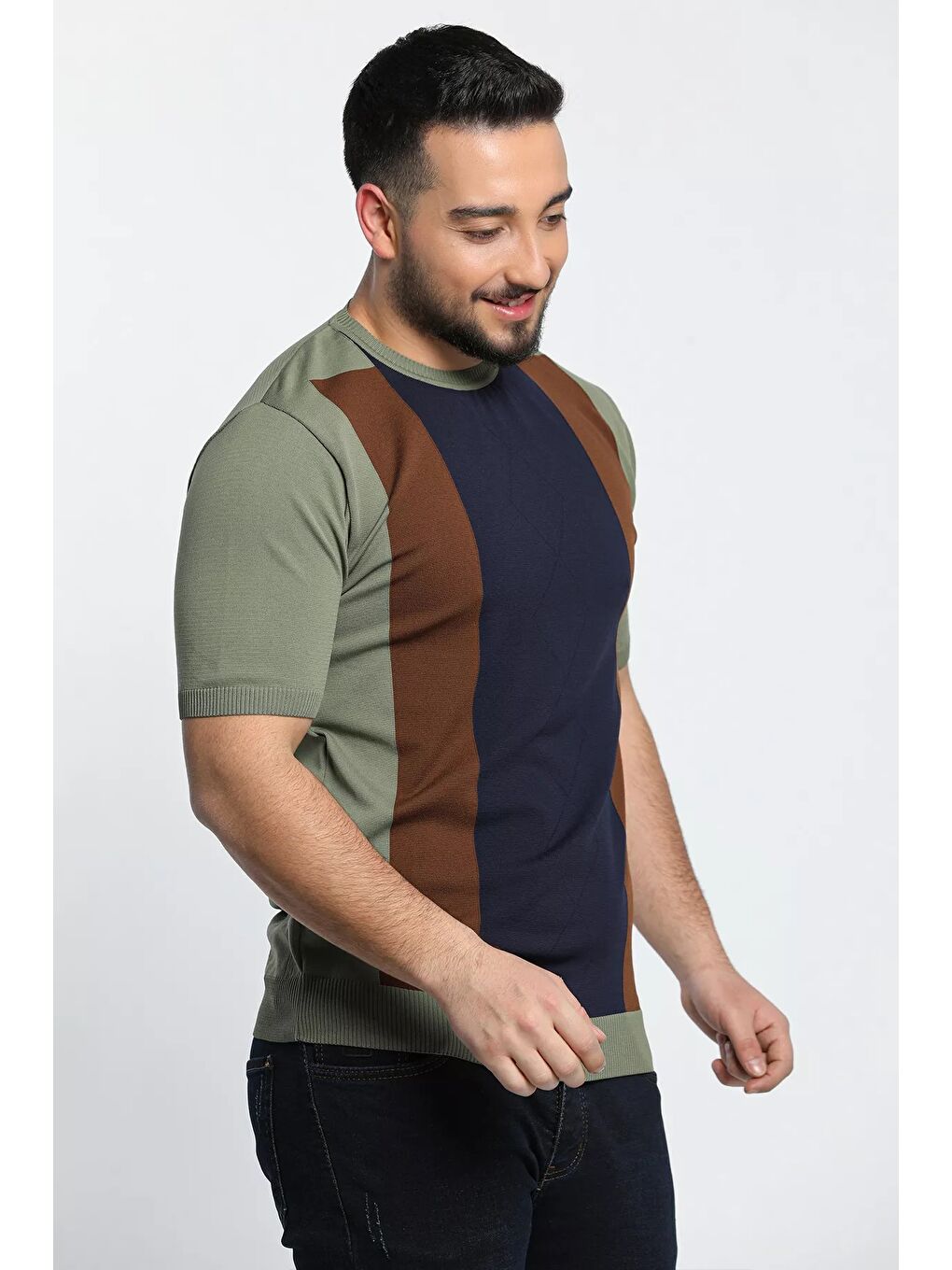 Lacivert Renk Garnili Bisiklet Yaka Erkek Tişört-2