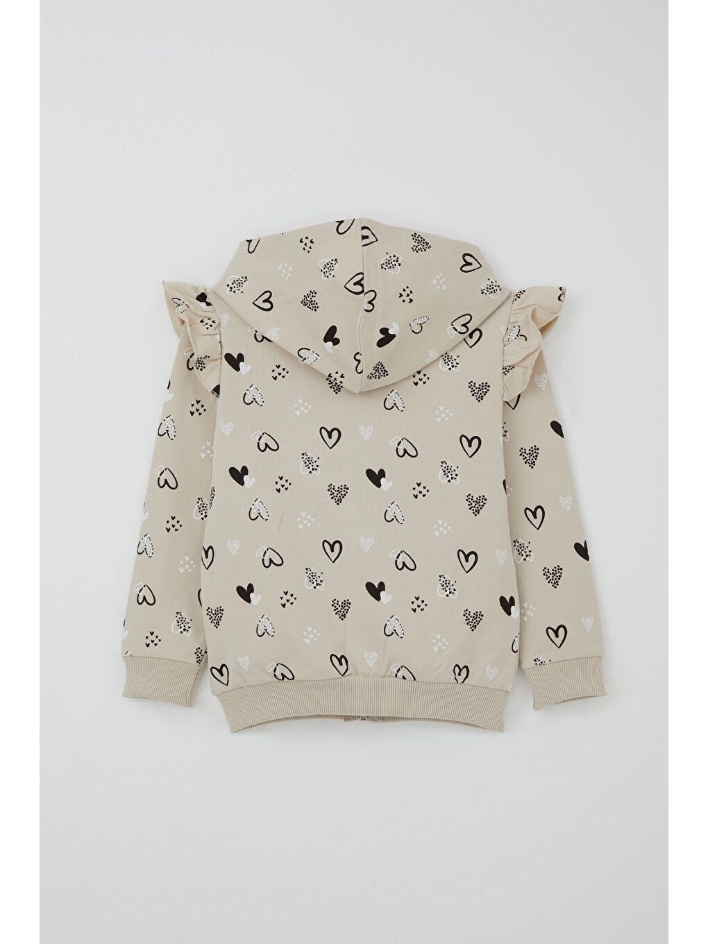 Kız Bebek Eşofman Takımı Kalp Desenli Omuzu Fırfır Detaylı Kapüşonlu Bej (9 Ay-3 Yaş)-3