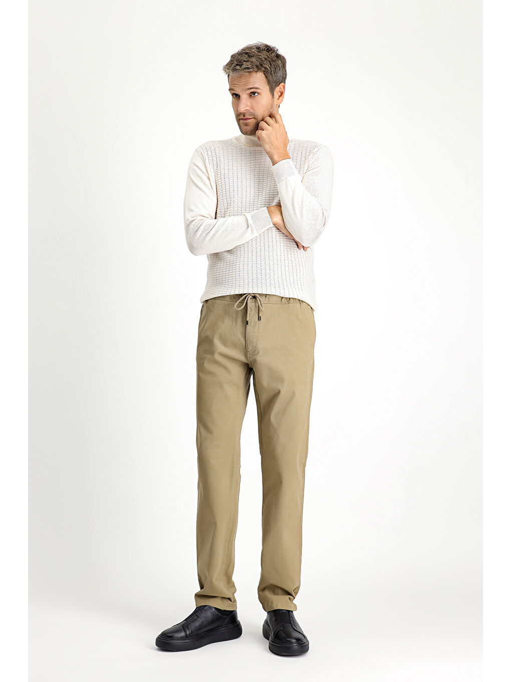 Bej Slim Fit Dar Kesim Elastanlı Beli Lastikli İpli Pantolon