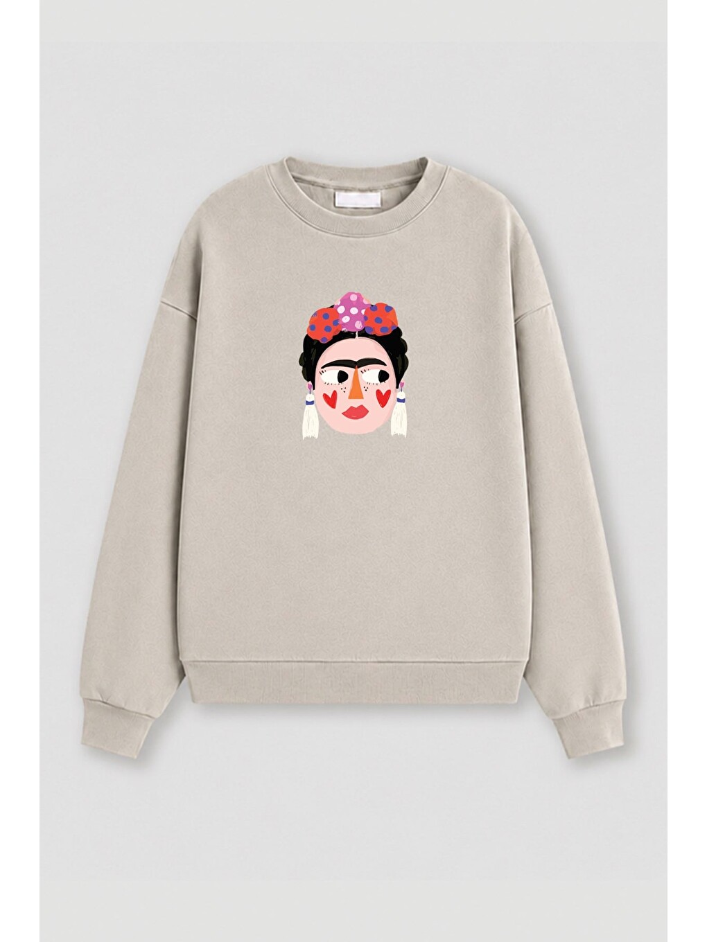 Bej Kadın Premium Kumaş 3 İplik Şardonlu Frida Baskılı Sweatshirt