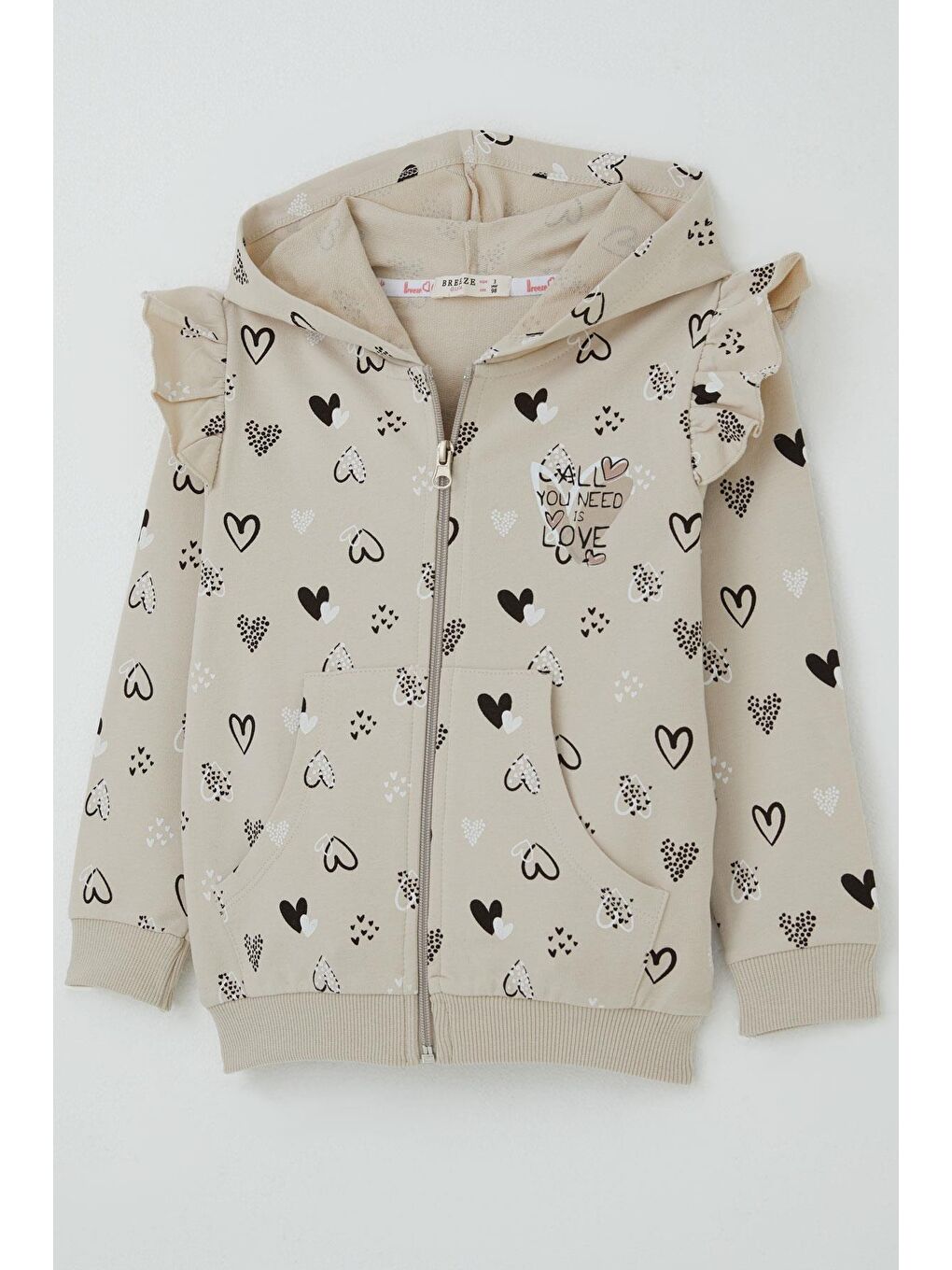 Kız Bebek Eşofman Takımı Kalp Desenli Omuzu Fırfır Detaylı Kapüşonlu Bej (9 Ay-3 Yaş)-5