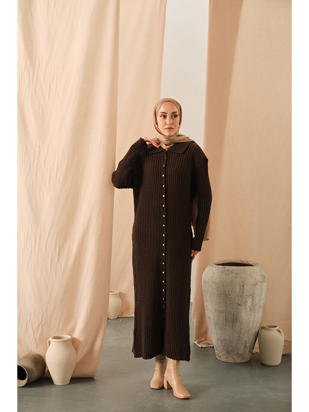 Kadın Detay Triko Elbise Kahverengi-2