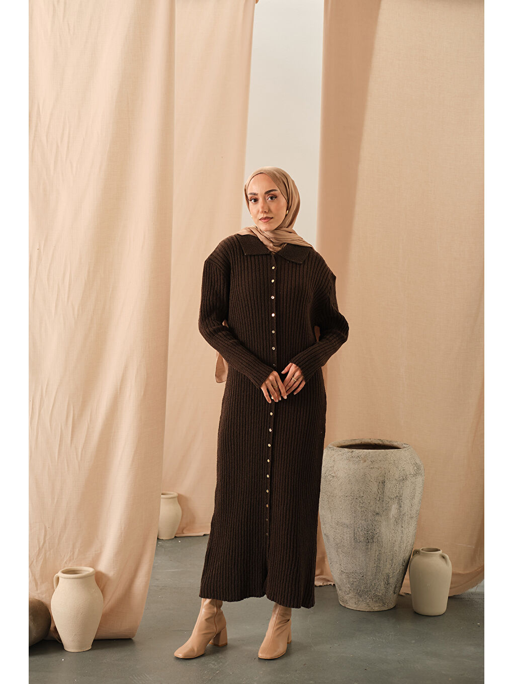 Kadın Detay Triko Elbise Kahverengi-3