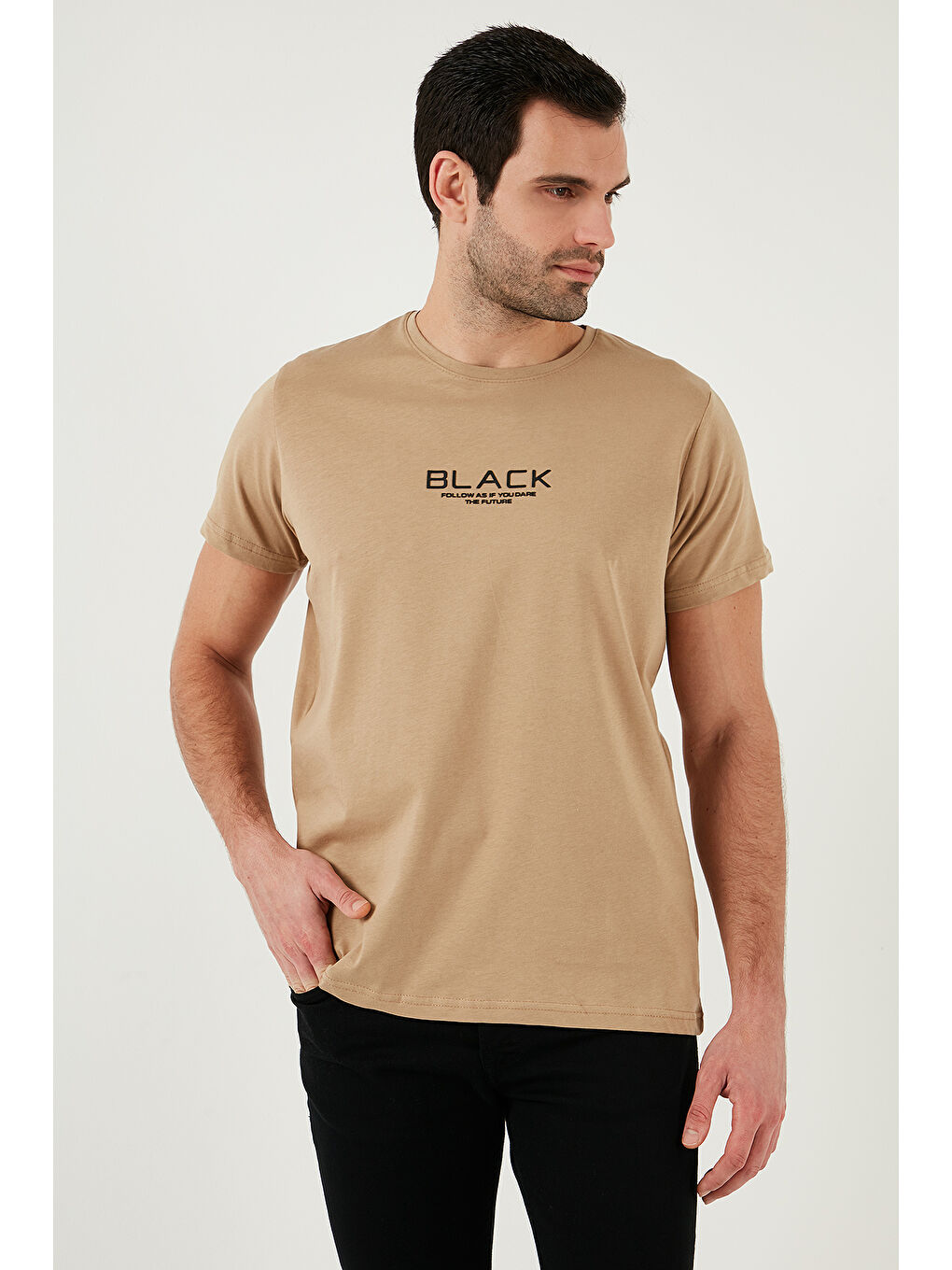 Bej Baskılı Bisiklet Yaka %100 Pamuk Slim Fit Erkek Tişört 541FOLLOW-2