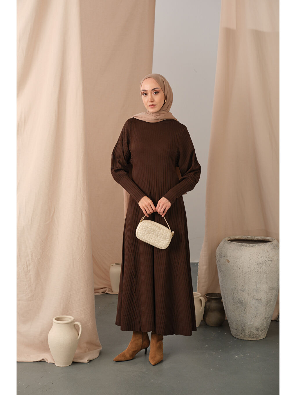 Kadın Kendinden Desenli Triko Elbise Kahverengi-1