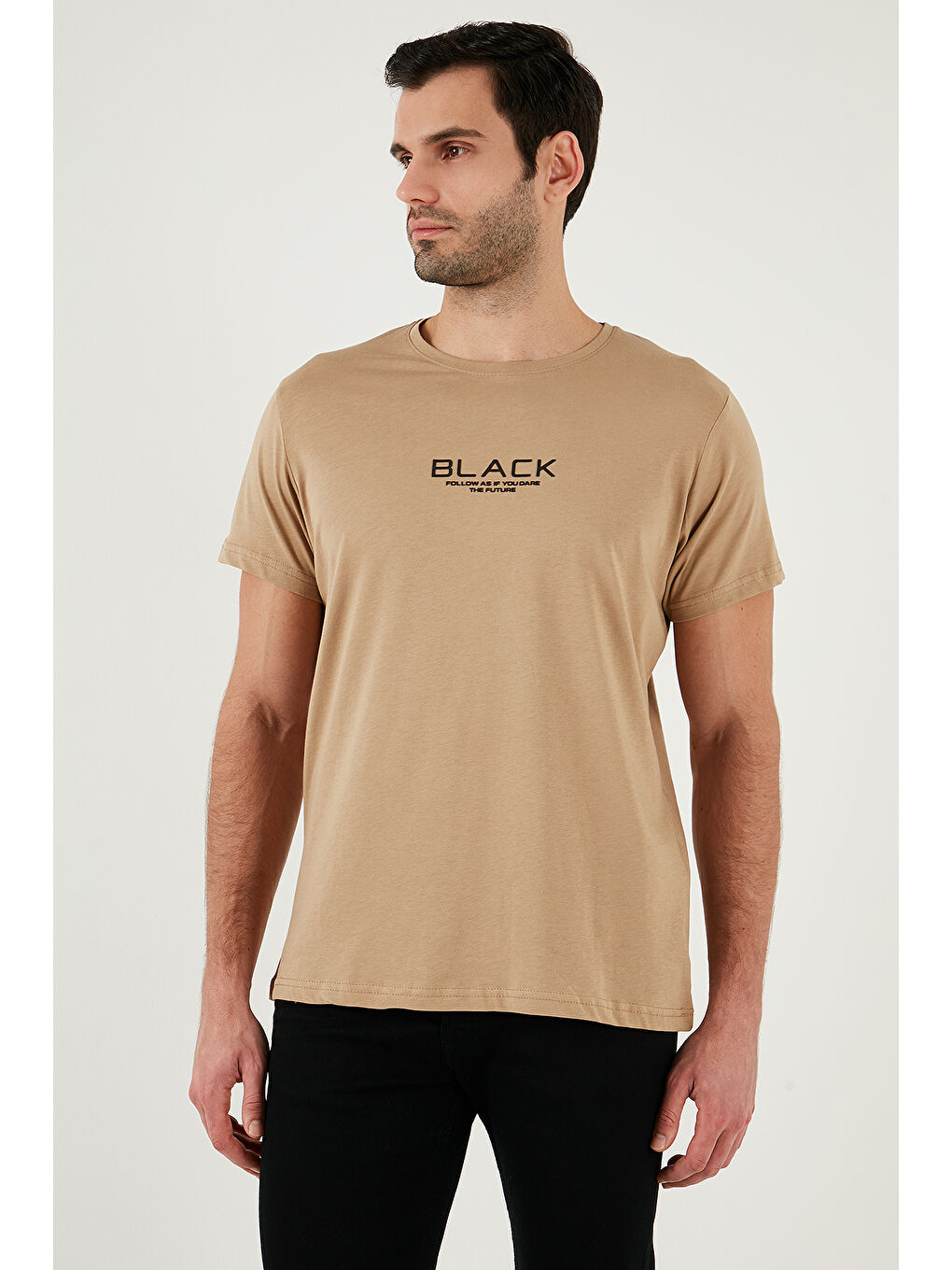 Bej Baskılı Bisiklet Yaka %100 Pamuk Slim Fit Erkek Tişört 541FOLLOW-3