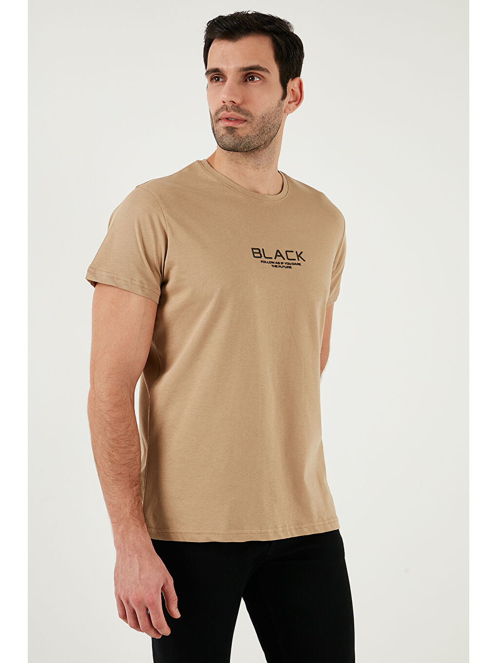 Bej Baskılı Bisiklet Yaka %100 Pamuk Slim Fit Erkek Tişört 541FOLLOW-4