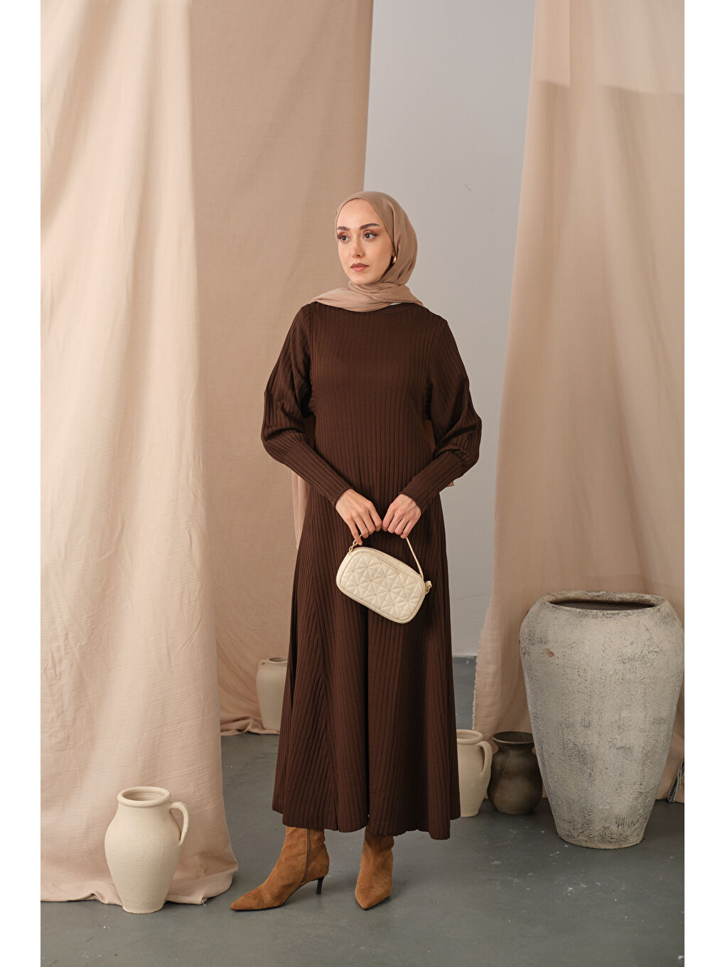 Kadın Kendinden Desenli Triko Elbise Kahverengi-2